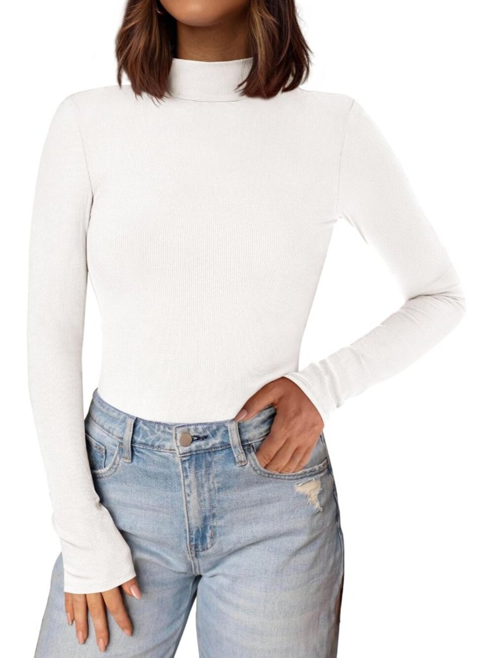 Women's White Ribbed Knit Mock Turtleneck Long Sleeve Undershirts Slim Fit Top